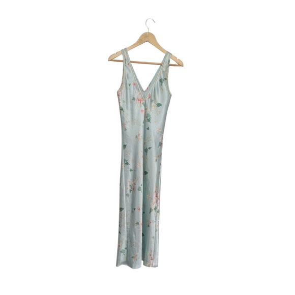 Vintage Halston Floral Satin Slip Dress Night Gown Blue Nightie Womens Small - Picture 2 of 4